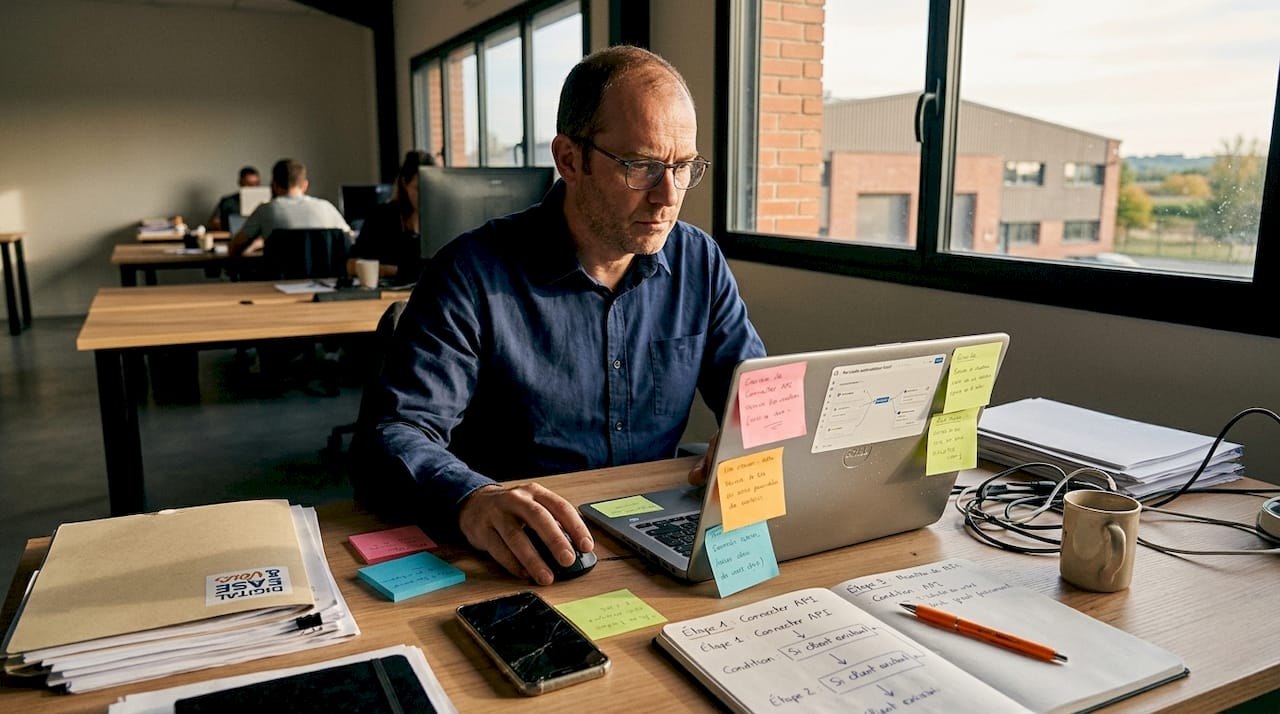 Un collaborateur en train de paramétrer un processus automatisé sans coder, installé à son bureau.