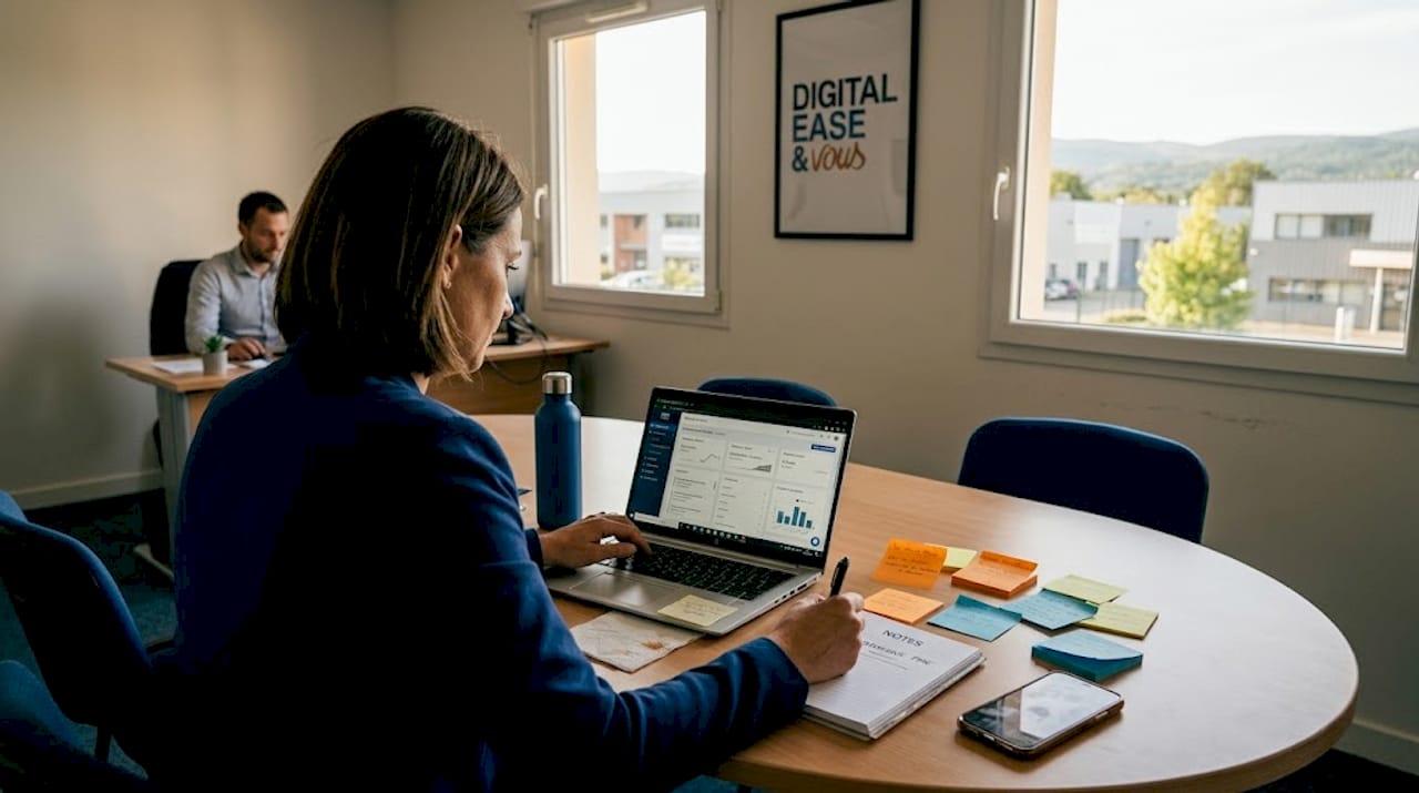 Une femme d'affaires supervise la gestion numérique de ses projets depuis son bureau.