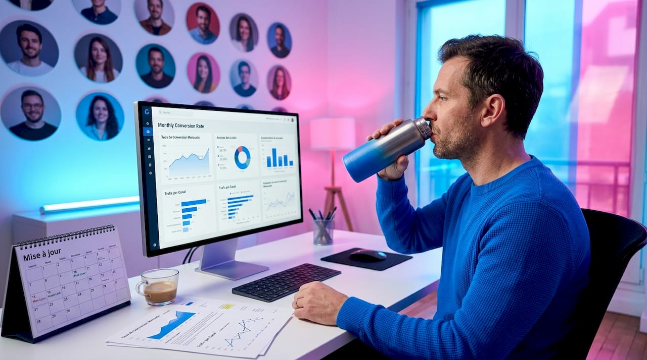 Installé à son bureau à la maison, le responsable marketing analyse les taux de conversion sur son ordinateur.
