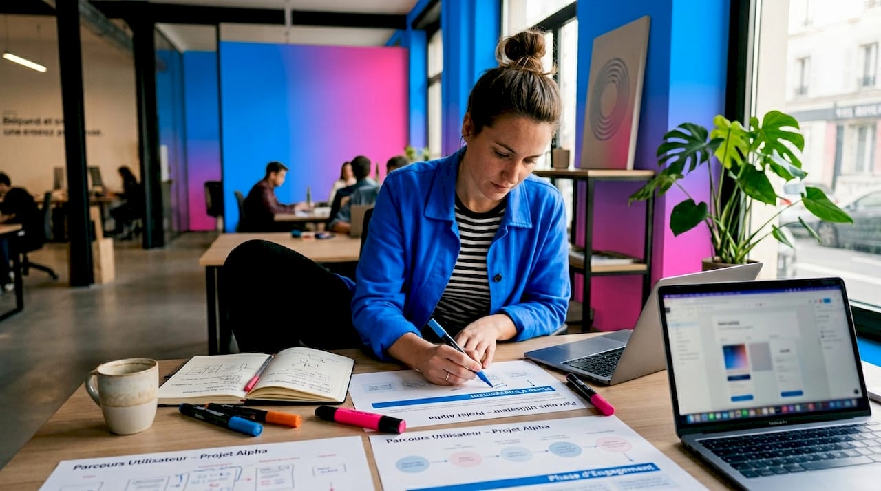 Intégrer l'UX à votre stratégie marketing pour plus de leads 1 Responsable de projet en train d’élaborer des parcours utilisateurs