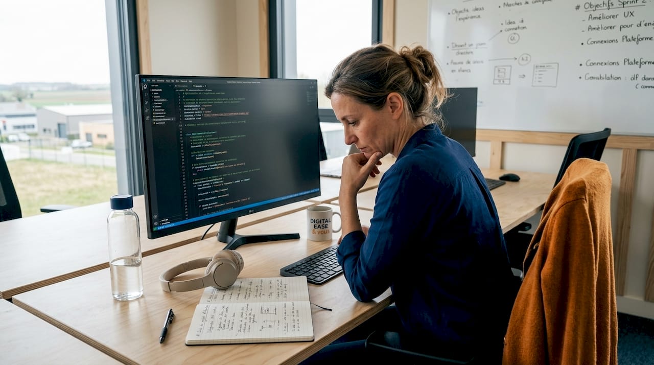 Une manager épuisée fixe son écran dans l’espace de coworking, plongée dans ses pensées.