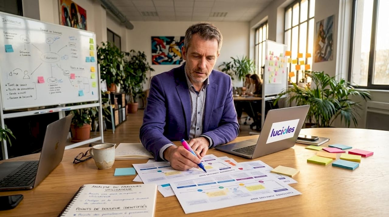 Un expert analyse le parcours client digital depuis son espace de travail.