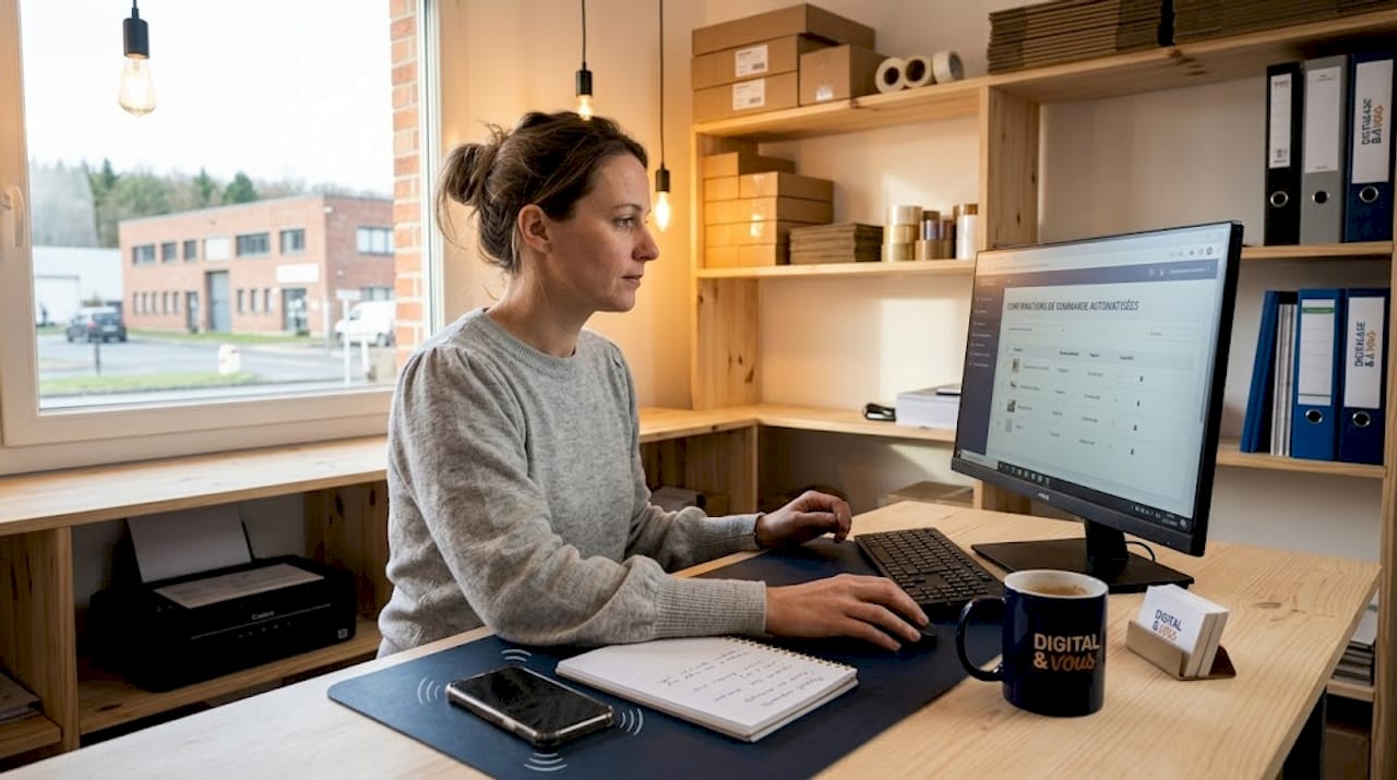 Une femme supervise le bon déroulement des tâches automatisées dans son entreprise.