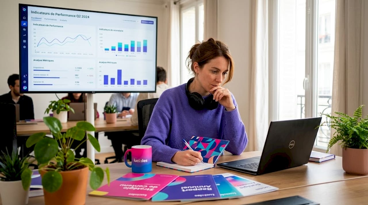 Installé dans un espace de coworking, un responsable marketing analyse les résultats de sa dernière campagne.
