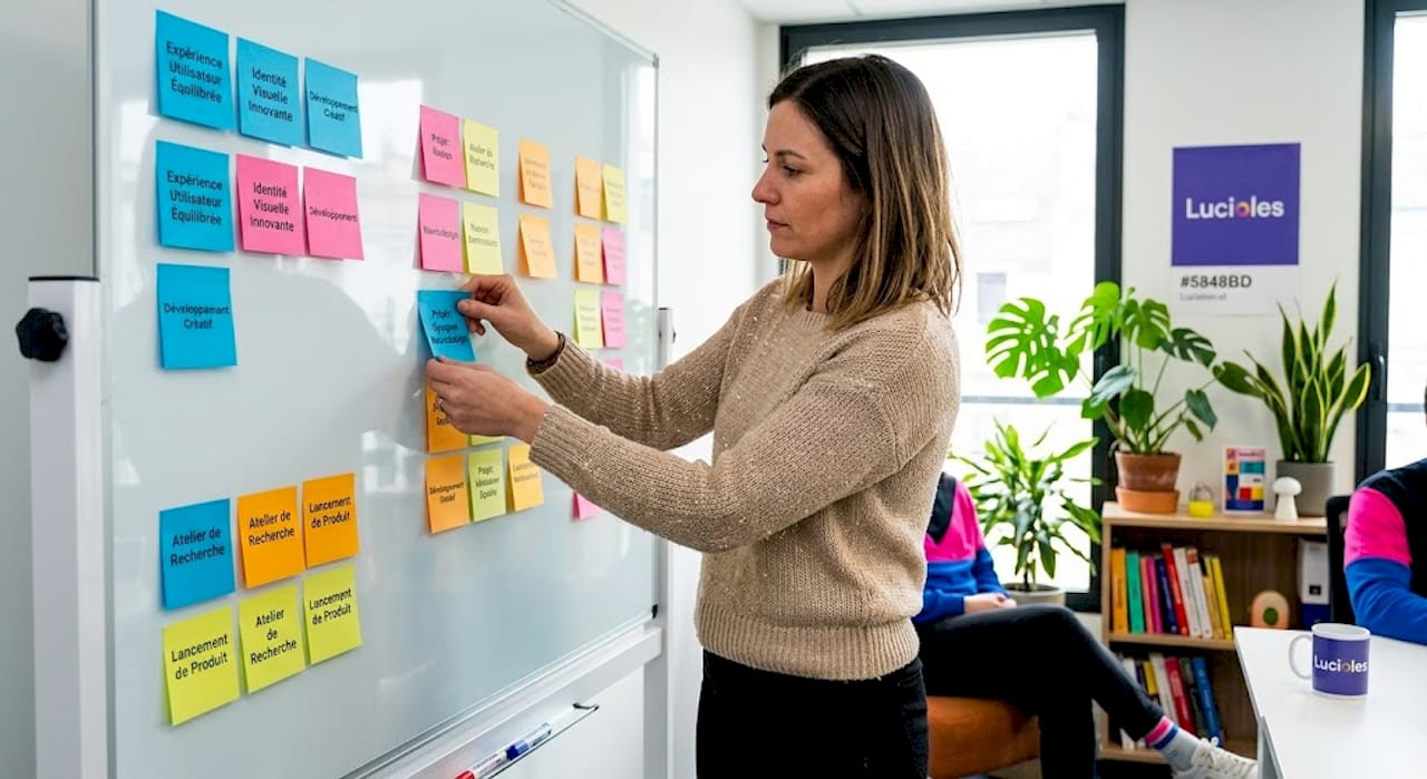 Une femme organise des post-it sur son bureau pour structurer son plan de données.