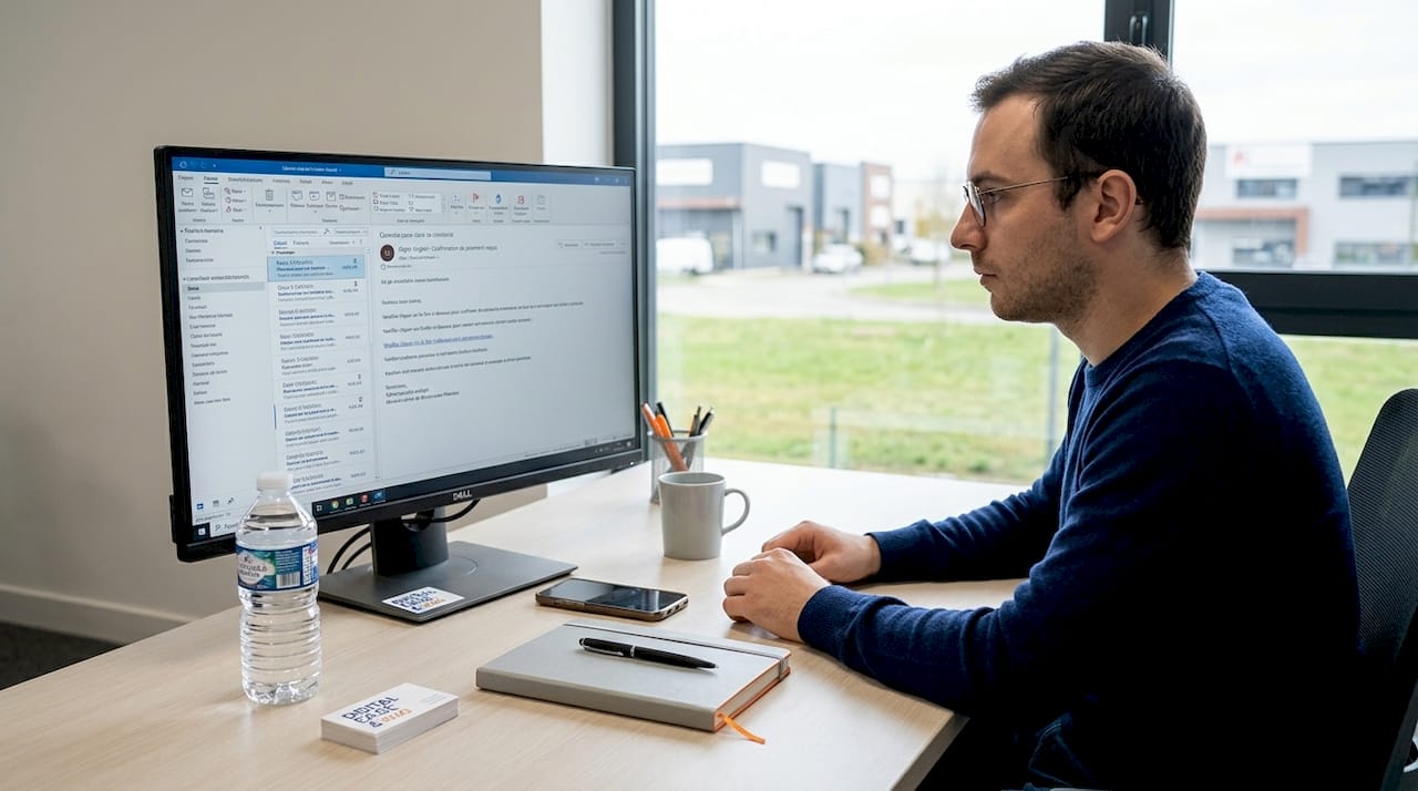 Un salarié analyse un e-mail douteux afin de prévenir tout risque lié à la cybersécurité.