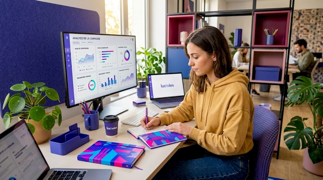 Un responsable marketing analyse les résultats de sa campagne digitale depuis son bureau.