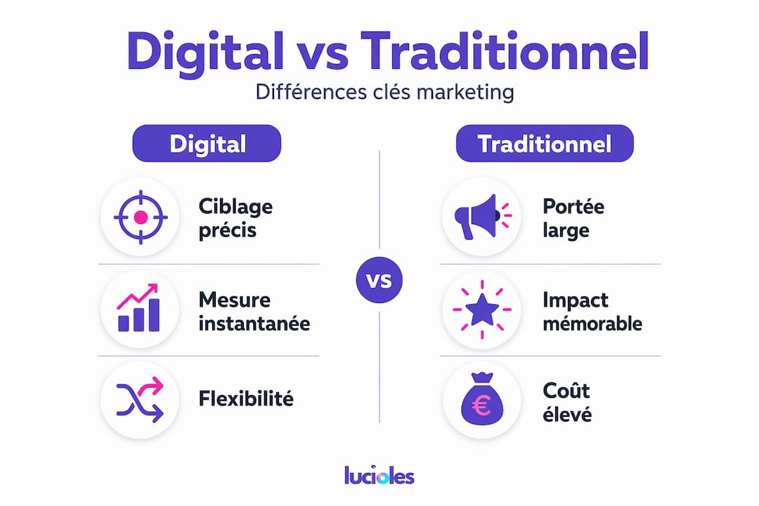 Marketing digital vs traditionnel : les différences clés 2 Infographie mettant en lumière les différences entre le marketing digital et le marketing traditionnel