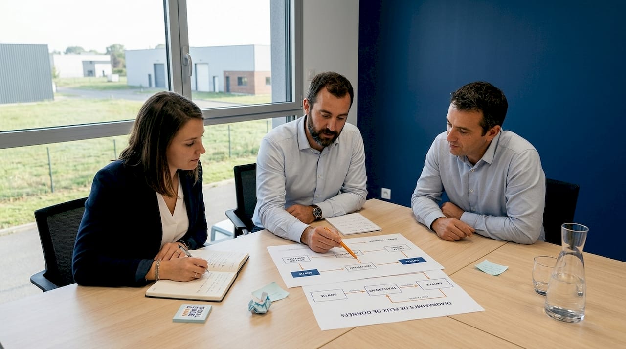 Des collaborateurs échangent autour de schémas de données dans les locaux d’une PME.