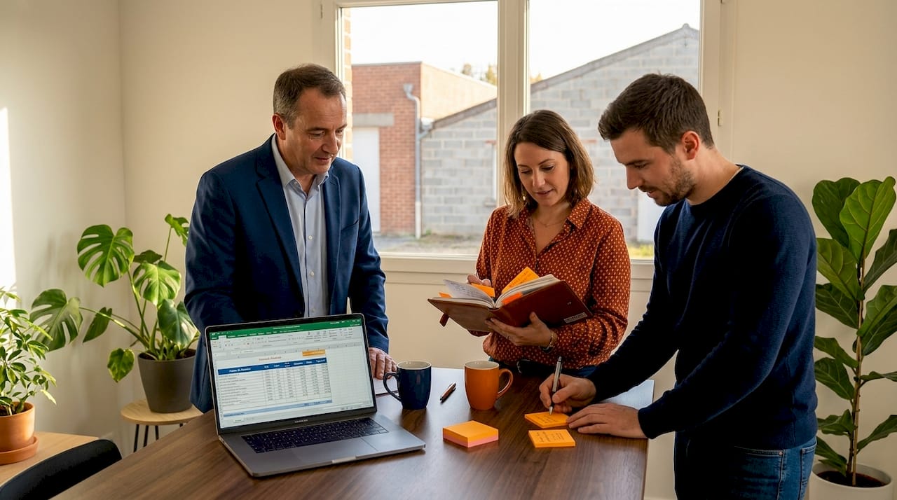 Une petite équipe de PME en pleine discussion autour d’une table, partageant idées et expériences.