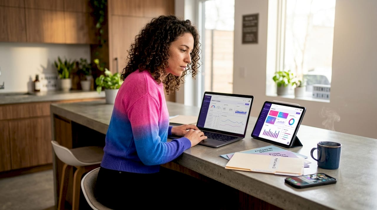 Tendances marketing digital 2026 : guide stratégique 1 Un professionnel en marketing passe en revue des données depuis son espace de travail aménagé dans la cuisine.