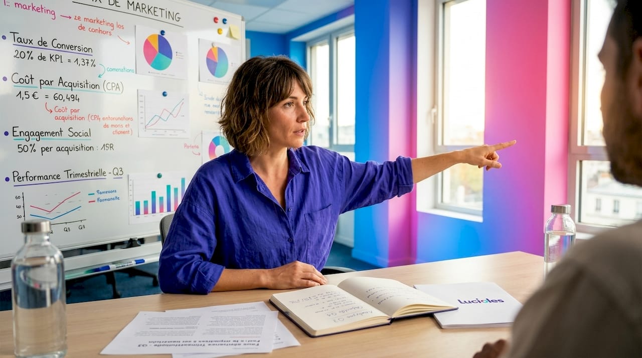 Un responsable marketing présente les principaux indicateurs de performance sur un tableau blanc.
