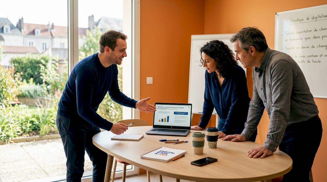 Les collaborateurs d’une PME échangent en réunion pour accélérer la transformation digitale de leur entreprise.