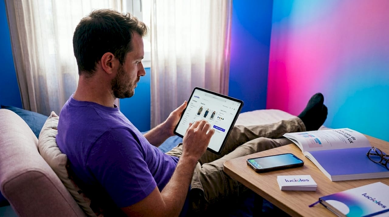 Un client découvre l’expérience d’achat en ligne depuis sa tablette.
