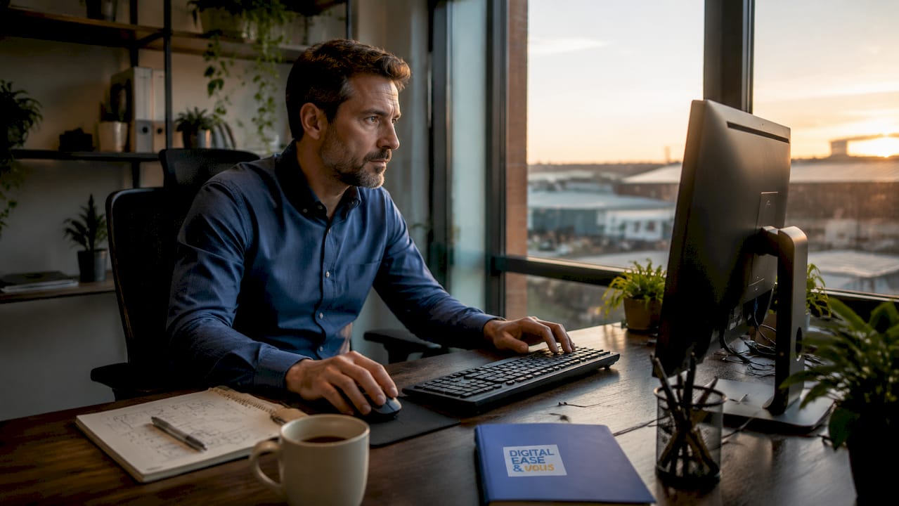 Outils veille sectorielle marketing : guide PME 2026 1 Un analyste concentré pianote sur son clavier au bureau.