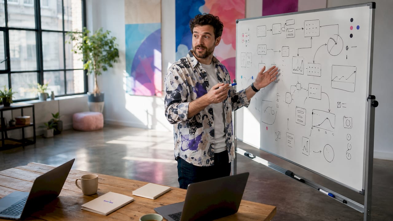 Stratégie de contenu b2b : guide pour dirigeants 2026 1 Le manager expose les grands axes de la stratégie B2B.