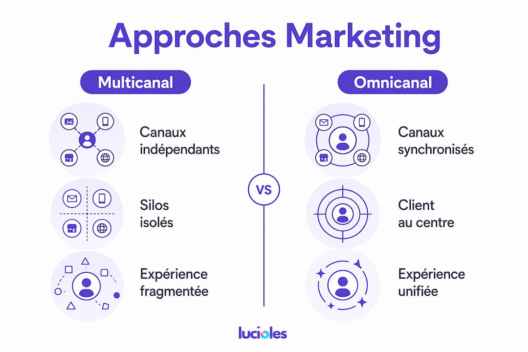 Marketing omnicanal : définition et stratégie 2026 2 Infographie : quelles différences entre une approche multicanale et une stratégie omnicanale ?