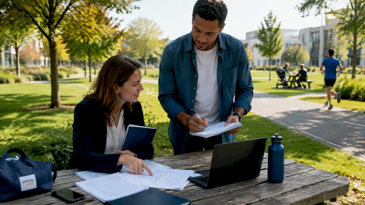 Deux collègues échangent au sujet de la gestion des données au bureau.