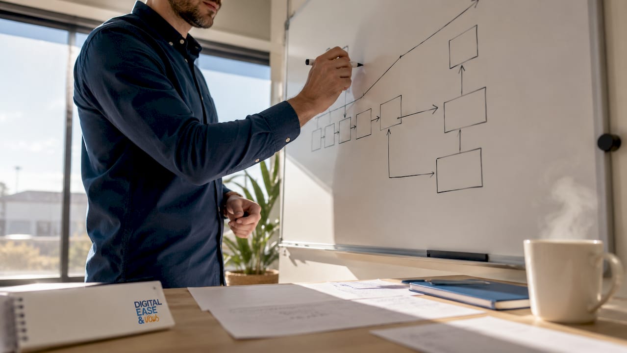 Des mains en train de modifier un organigramme posé sur un bureau immaculé