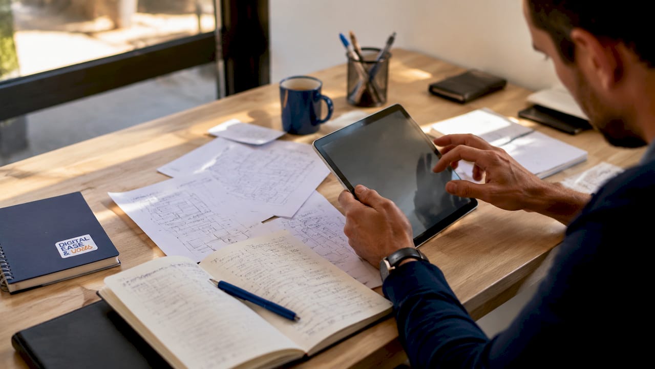 Zoom sur des mains en train de taper au clavier et d’utiliser une tablette