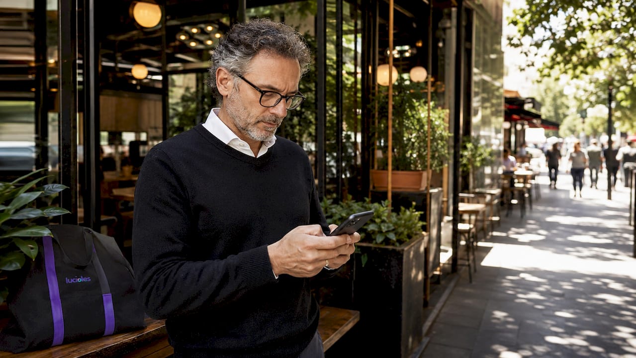 Un professionnel consulte des offres B2B sur son smartphone, installé tranquillement dans un café.