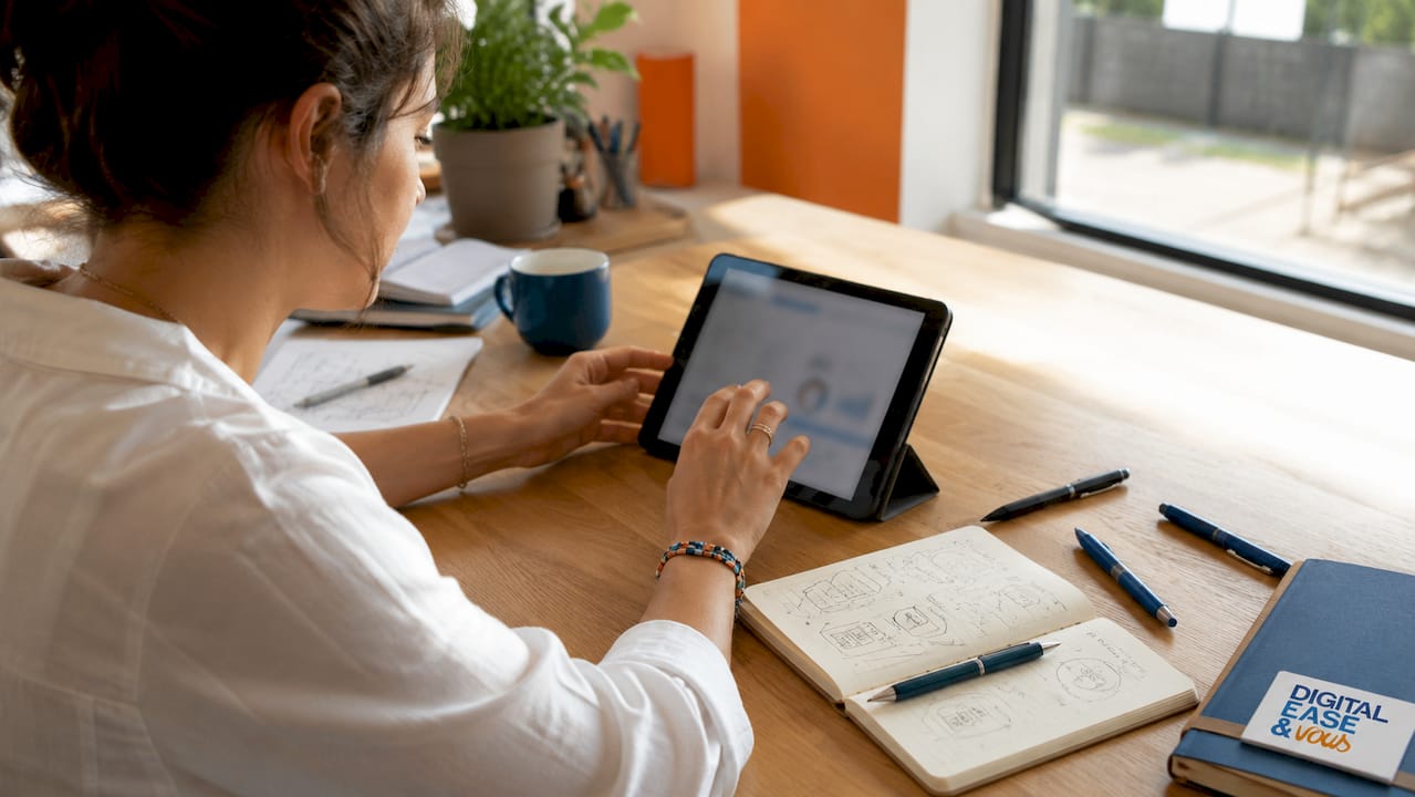 Des mains en train de régler les paramètres d'une tablette dans un espace de coworking.