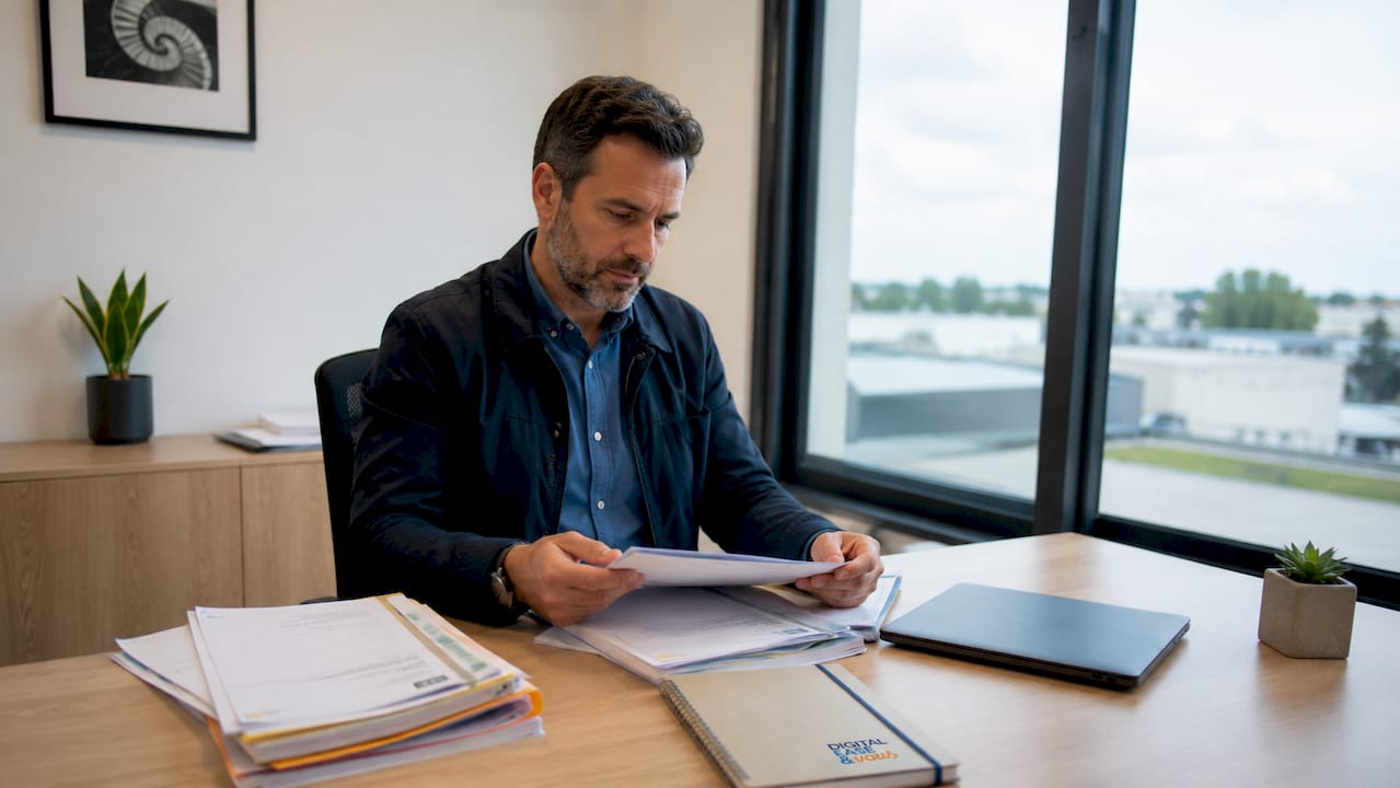 Un chef d’entreprise de PME concentré sur ses dossiers dans un bureau sobre et fonctionnel.