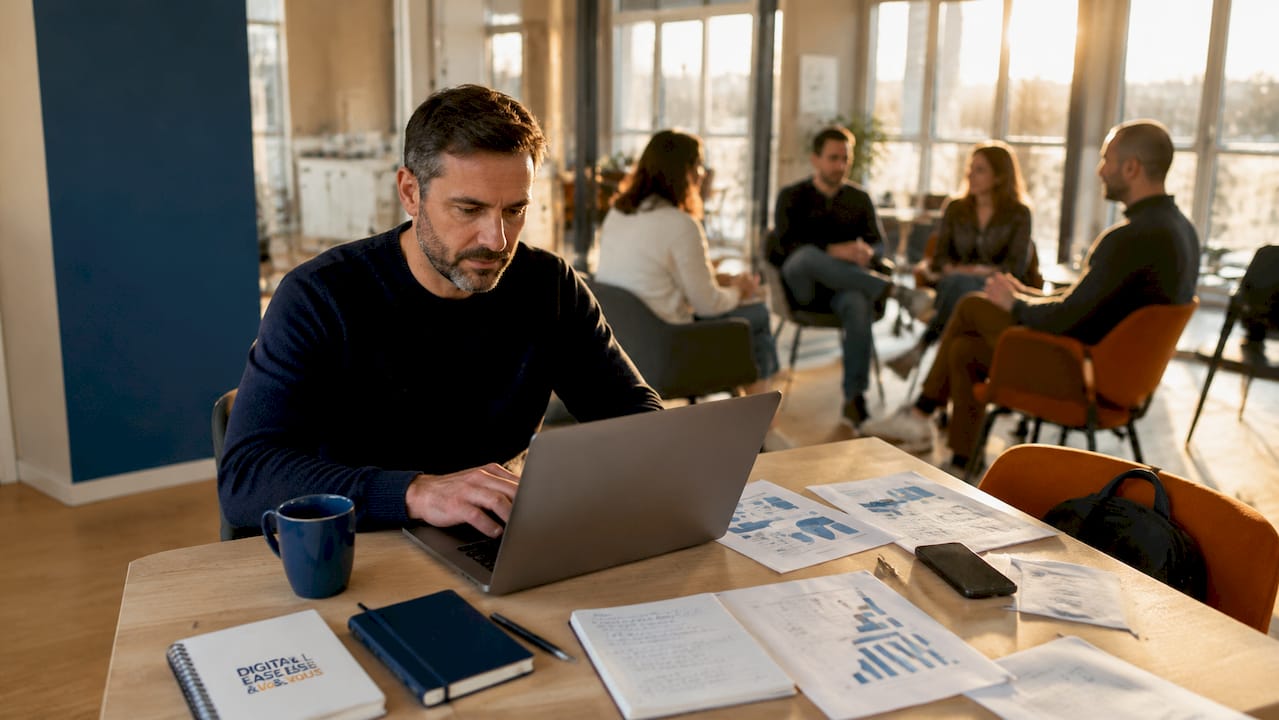 Un salarié de PME travaille sur son ordinateur dans un bureau sobre et fonctionnel.