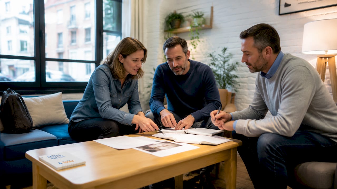 Une équipe de collaborateurs en PME en pleine revue de dossiers autour d’une table au bureau.