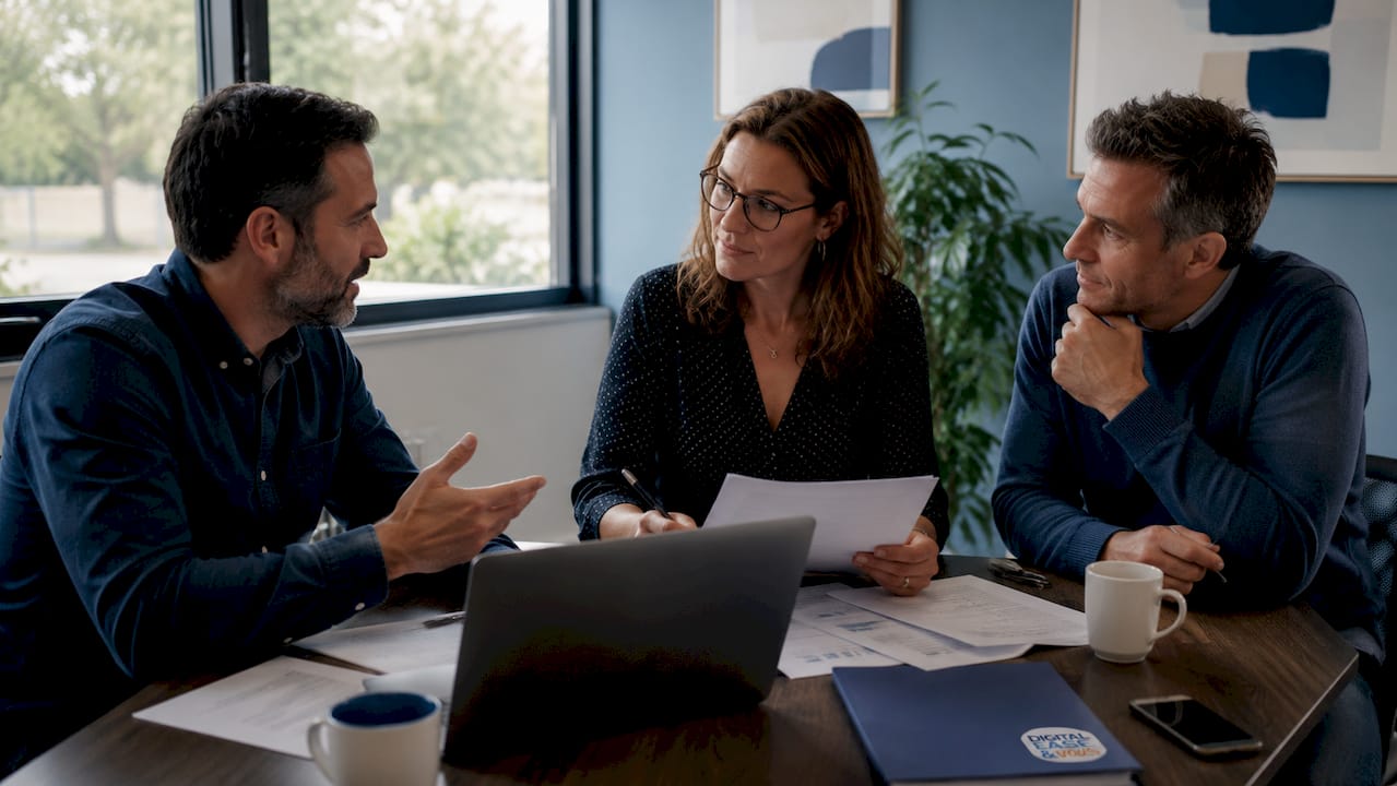 Une petite équipe dynamique d'une PME s'active dans un espace de travail simple et épuré.