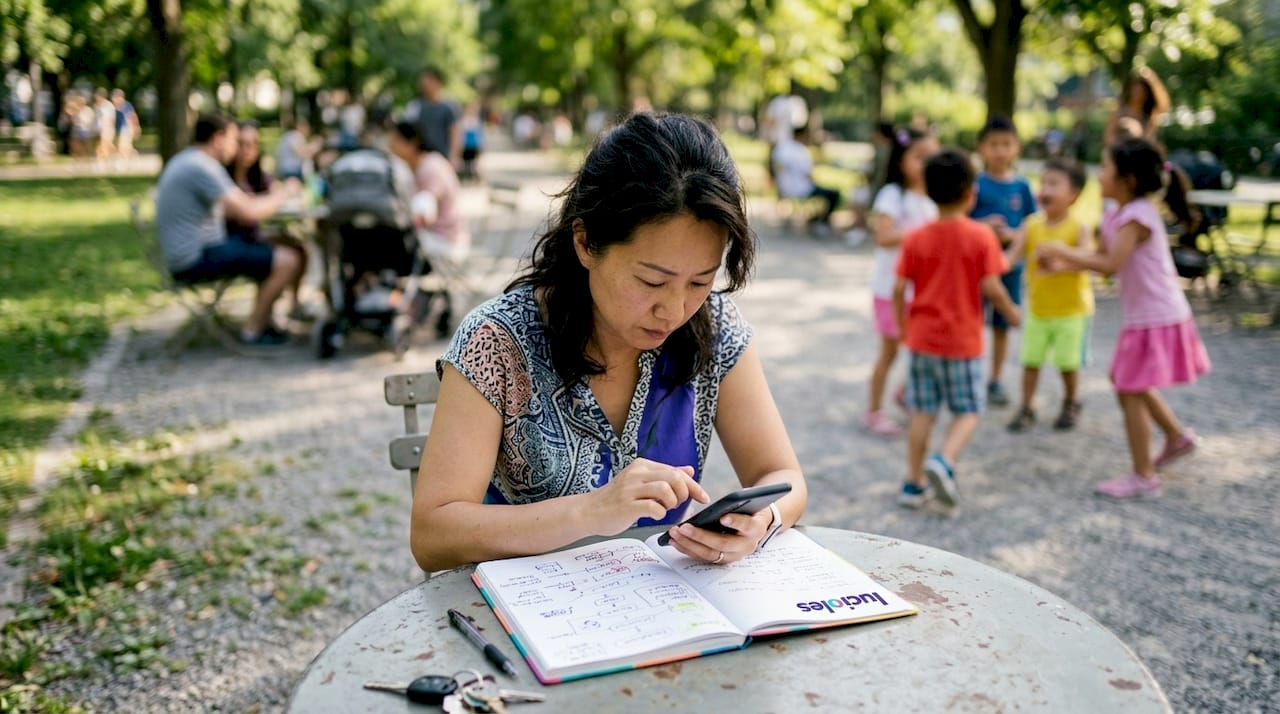 Des mains de femme prennent des notes tout en consultant leur smartphone