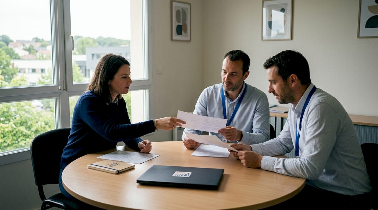 Des collaborateurs d’une petite entreprise échangent et travaillent ensemble autour d’une table de réunion.