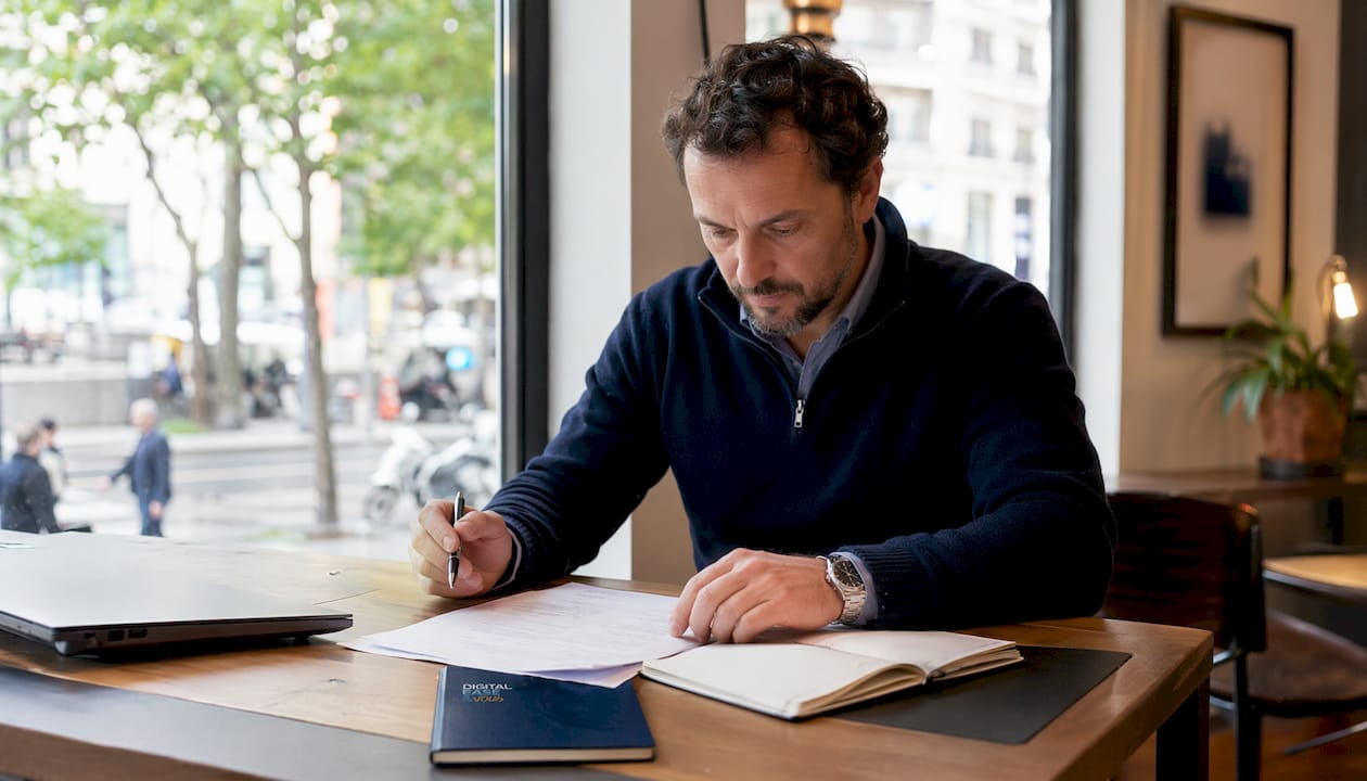 Un chef d'entreprise concentré, seul dans un bureau épuré.