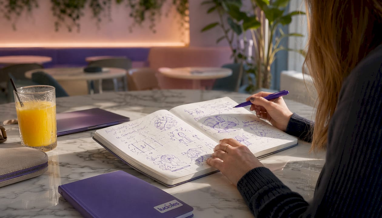Une femme prend des notes sur des recherches en neurosciences, installée à son bureau.
