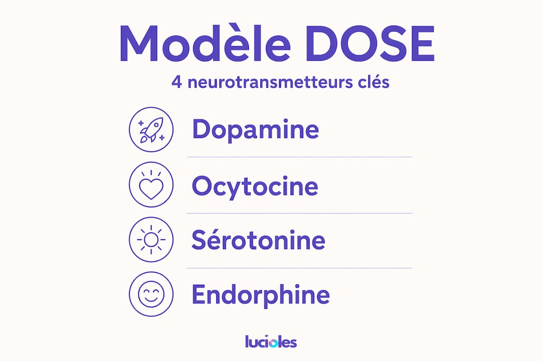 Découvrez en un coup d’œil le modèle DOSE et ses quatre neurotransmetteurs clés grâce à cette infographie.