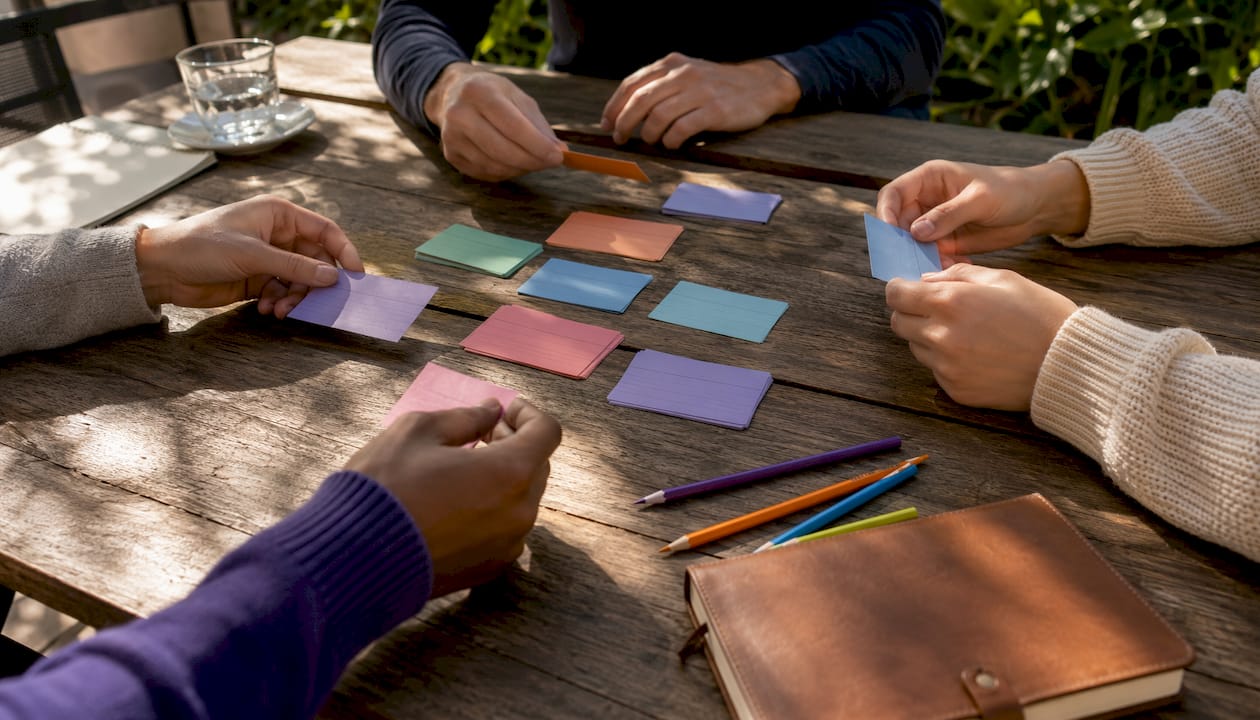 Des mains classent des cartes représentant différents niveaux de risque sur une table.