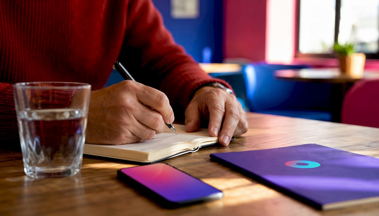 Des mains qui rédigent des notes pour élaborer une stratégie de prospection commerciale.