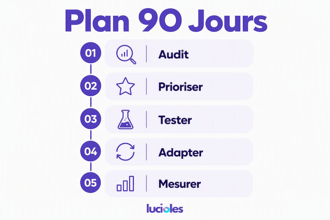 Développer de nouveaux canaux d'acquisition : plan 90 jours 1 Visuel présentant le déroulement d’un plan d’action sur 90 jours, étape par étape.