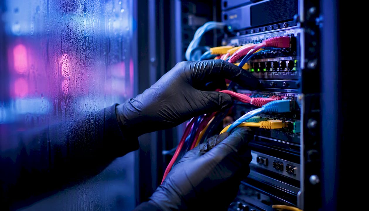 Construire un cahier des charges digital : guide et modèle 1 Des mains raccordent des câbles Ethernet à un serveur, assurant ainsi la connexion du réseau.