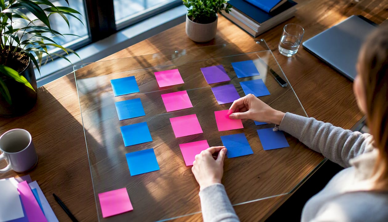Des mains en train de classer des notes sur une stratégie marketing multicanal