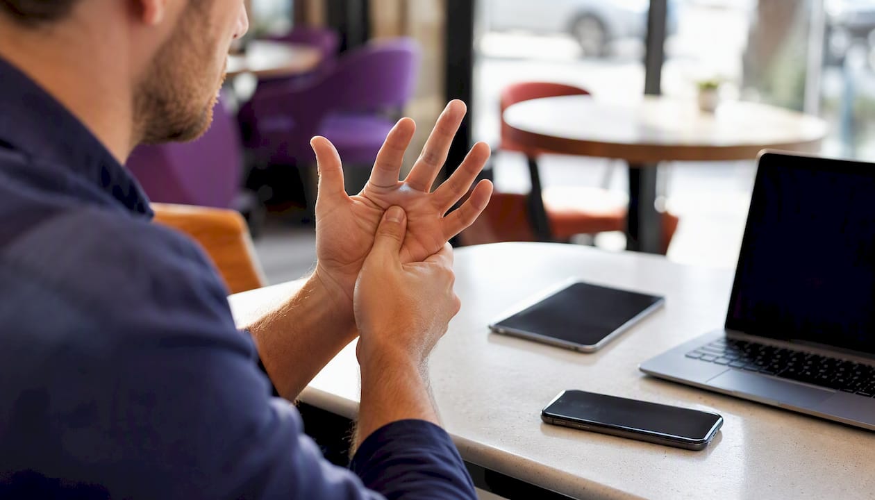 Des mains manifestant des signes de fatigue ou d’inconfort à force d’utiliser ordinateurs, smartphones ou tablettes.