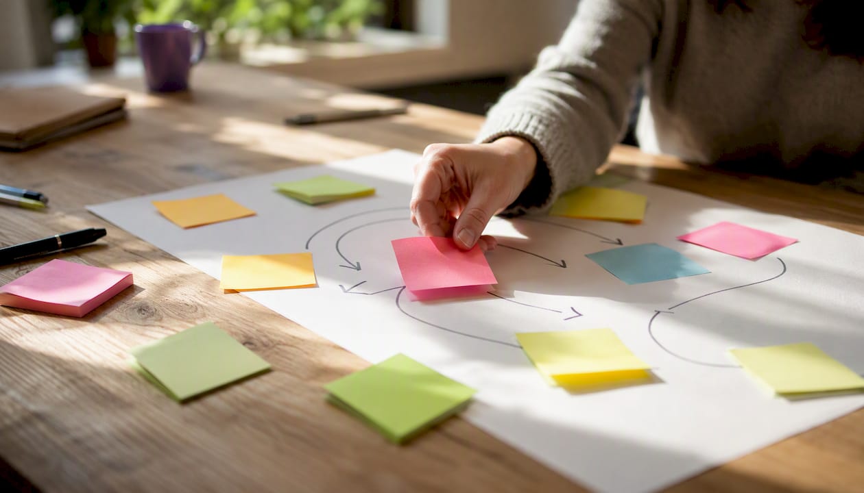 Organisation manuelle de post-it sur une matrice impact-faisabilité