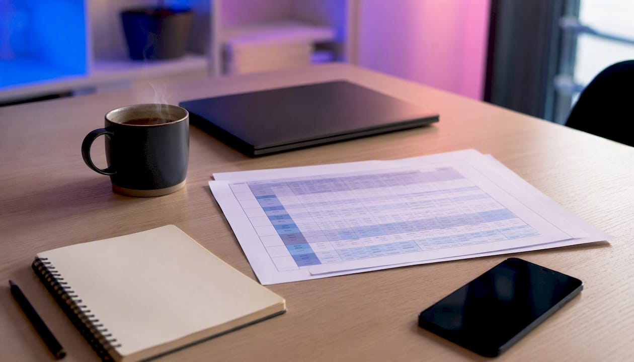 Lead scoring B2B : la méthode pour prioriser vos prospects 2 Modèle de scoring des prospects posé sur le bureau, accompagné d'une tasse de café.