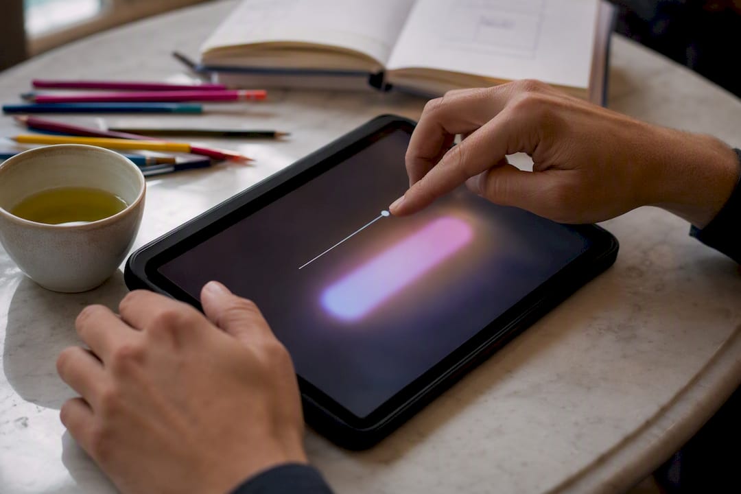 Rôle des landing pages en conversion : ce qui compte vraiment 2 Des mains ajustant l'en-tête d'une page d'atterrissage sur une tablette