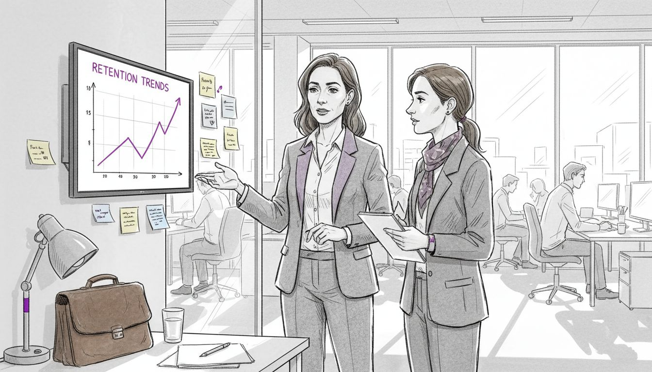 Manager and staff discuss retention data at monitor