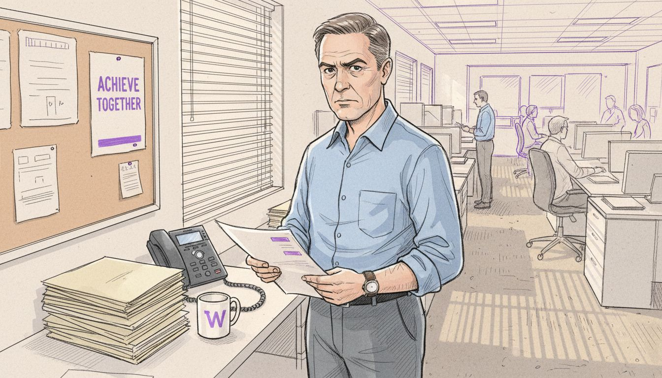 Manager reviewing report at cluttered office desk