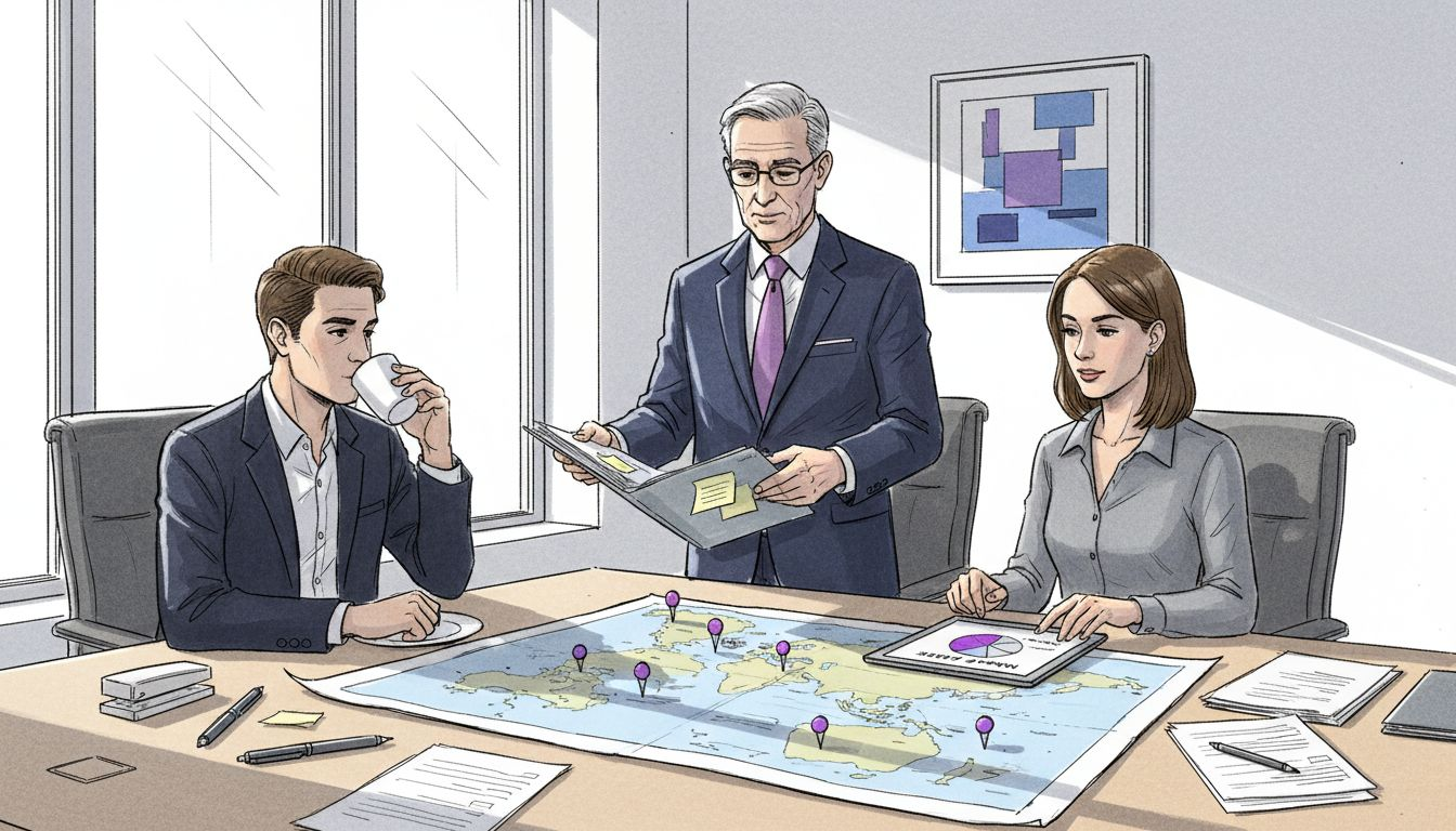 Executives reviewing global strategy with map and charts
