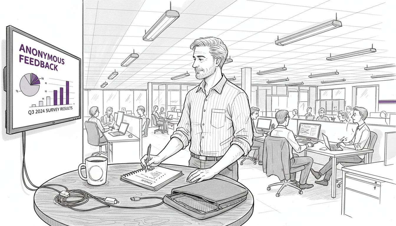 Manager viewing AI feedback screen in office