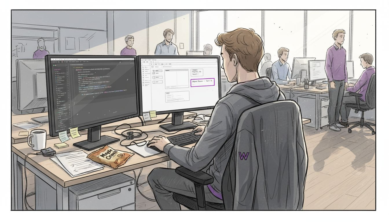 Engineer working at cluttered tech desk