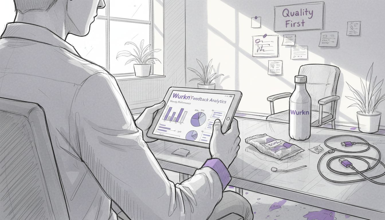 Employee views feedback scores at glass table